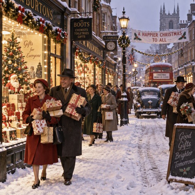 A UK High Street in the 1950s at Christmas time. The roads are covered in snow. The shop windows are decked out for Christmas and the happy adult shoppers are loaded up with gifts for loved ones. The mood is bright and Christmassy. — Model 4