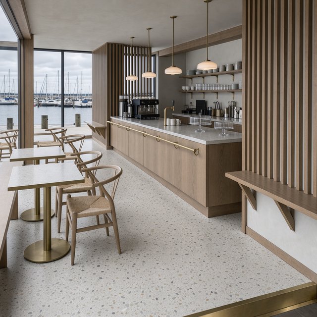 Inside an empty harbor café, restrained Danish modern design pairs ash slat screens, pale terrazzo, and brushed brass; overcast window light reaches the counter, viewed from the entrance, with aligned joinery and believable supports. — Model 1