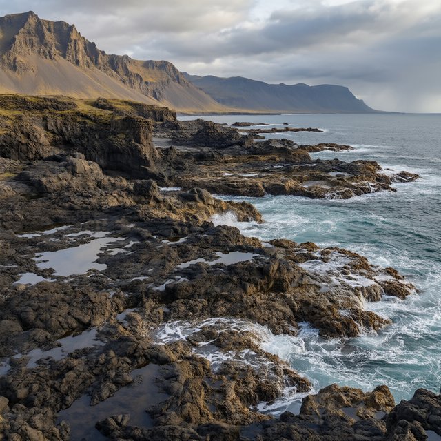 A rugged volcanic coastline under clearing storm clouds at late afternoon, black basalt shelves descending into turquoise surf, sea spray clinging to jagged rocks, tide pools reflecting distant cliffs and layered mountains fading into rain haze. — Qwen Image 3.0