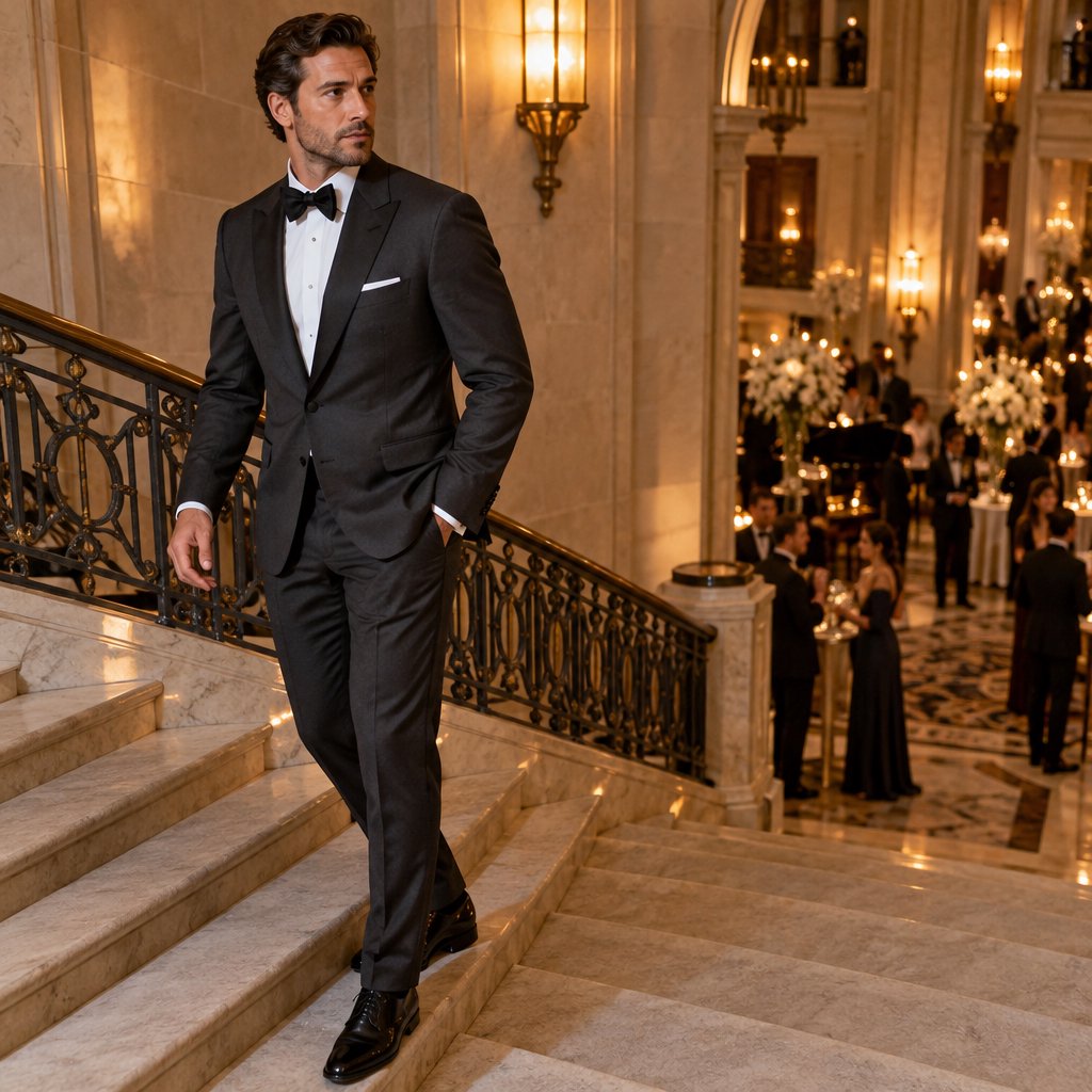 A tall adult man in a charcoal evening suit pauses halfway down a sweeping hotel staircase, caught glancing toward the ballroom as amber sconces cast sculpted light across stone; crisp tailoring and composed fashion-magazine polish. — GPT Image 2.5 Sunburst