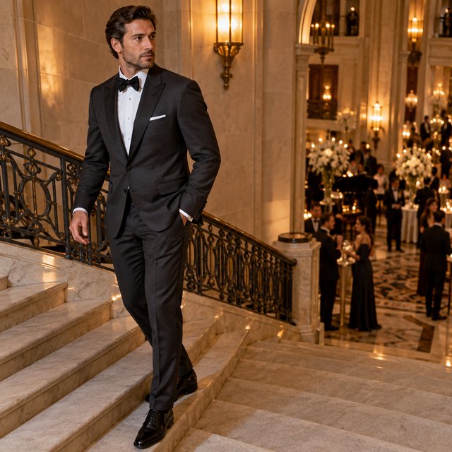 A tall adult man in a charcoal evening suit pauses halfway down a sweeping hotel staircase, caught glancing toward the ballroom as amber sconces cast sculpted light across stone; crisp tailoring and composed fashion-magazine polish. — Model 4