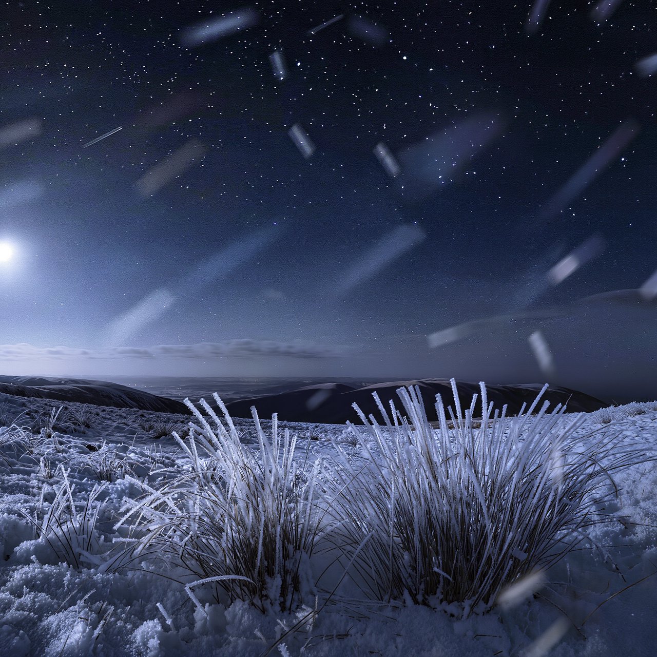 Moonlight washes a snowbound high plateau beneath sharp stars, while dry flurries cross the midnight air; frost feathers the foreground tussocks, and dark, rolling ridgelines recede into a blue-black distance. — Kling v3