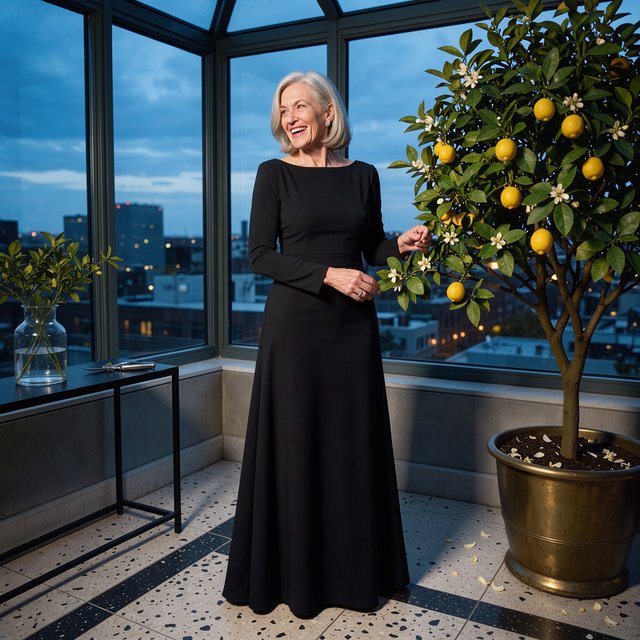 At a quiet rooftop conservatory, an adult woman in her early sixties wears a long-sleeved black evening gown, caught laughing softly beside a citrus tree as blue-hour light spills through the glass; poised styling brings fashion-magazine polish. — Model 1