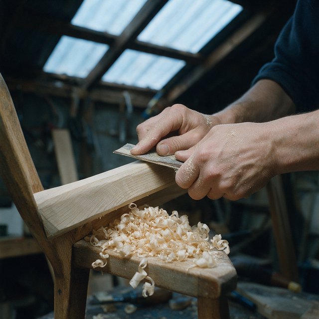 Fine curls gather beneath adult hands sanding the edge of a wooden chair in a quiet repair shed. A real-world workshop snapshot in cool skylight, using a normal lens at shallow depth of field, catches pale sawdust clinging to the knuckles. — Seedream 5.0 Pro