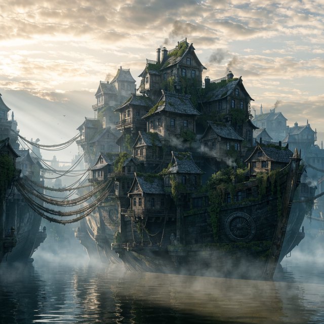 A floating market city built on the hulls of giant upturned ships, rope bridges, morning haze, wide establishing shot. — Recraft v4