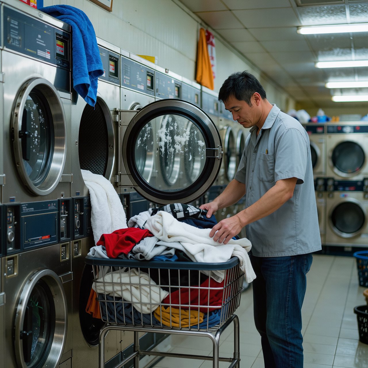 Candid documentary photograph of an adult laundromat attendant sorting warm clothes beside humming machines, cool fluorescent light, 50mm lens with moderate depth of field, loose lint clinging to a blue towel and faint condensation on the glass doors. — Kling v3