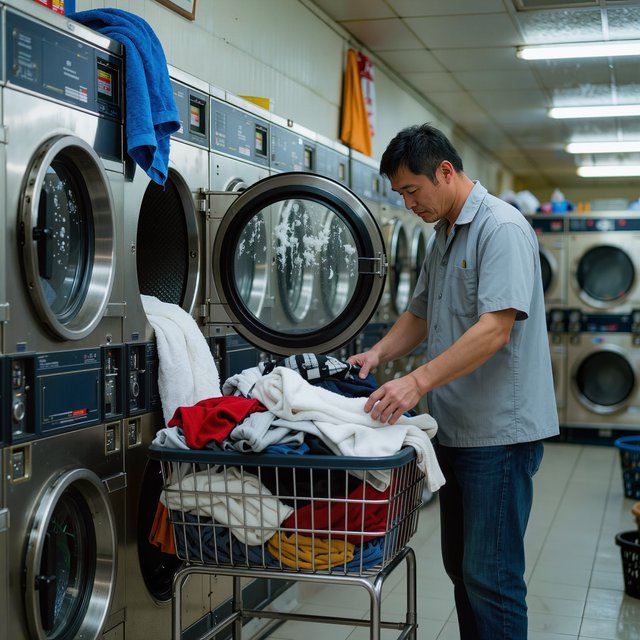 Candid documentary photograph of an adult laundromat attendant sorting warm clothes beside humming machines, cool fluorescent light, 50mm lens with moderate depth of field, loose lint clinging to a blue towel and faint condensation on the glass doors. — Kling v3
