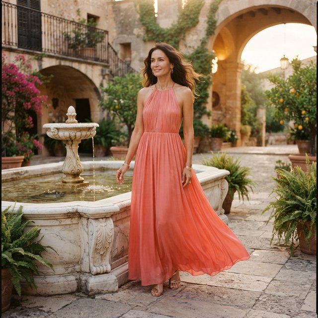 Editorial glamour photograph of one adult woman in a coral halter evening dress, standing naturally beside a marble fountain in a Mediterranean courtyard, flattering late-afternoon light, soft shadows, wind-swept hair, serene expression, sophisticated fashion-magazine atmosphere. — Nano Banana 2 Lite