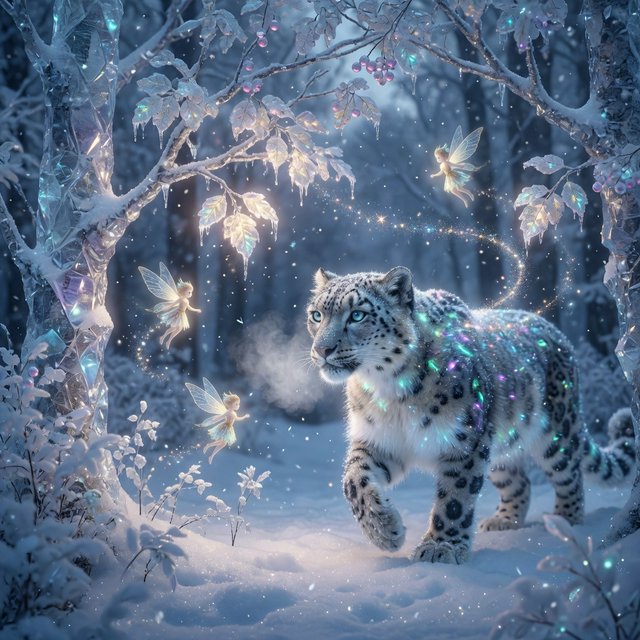 A majestic snow leopard, its fur shimmering with an internal bioluminescent glow, stalks through a frozen, enchanted forest. Crystalline trees with glowing, frost-covered leaves create a magical winter wonderland. Tiny, winged sprites flit between the branches, leaving trails of stardust. The image should capture the essence of a fairytale winter scene with a touch of photorealism, emphasizing the mystical light and the creature's ethereal presence. — Model 6