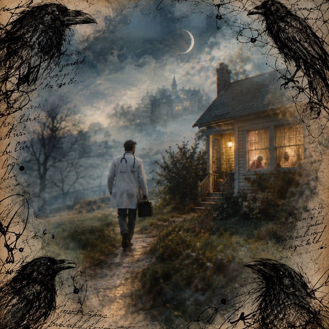 Walking in a dream, with ravens scribbled along the edges, a doctor on a house call — GPT Image 2.5 Flare