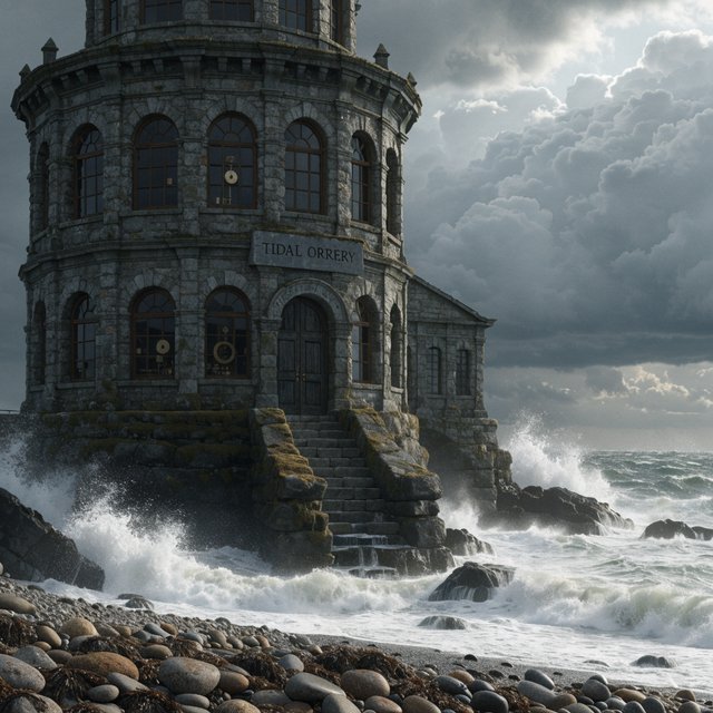 A weathered coastal observatory overlooks dark water, its brass instruments visible through arched windows; "TIDAL ORRERY" is carved into a slate lintel above the entrance, salt spray softening the deep engraved grooves. — Recraft v4