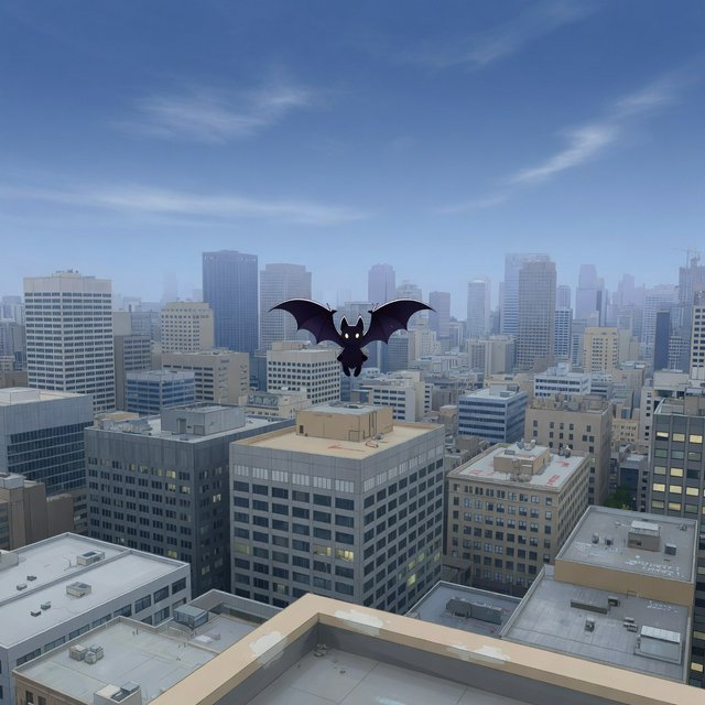Clean cel-shaded painted cityscape, wide high-angle elevated rooftop level shot looking out over dense modern downtown office buildings, small dark winged figure hovering above central midground rooftops, pale overcast deep blue sky with wispy white clouds, diffused even daylight lighting with soft subtle ambient shadows, muted cool grey, beige, blue building facades with uniform office windows, flat concrete building rooftops, receding hazy distant city skyline with atmospheric perspective, eye level relative to building tops, no outlines, smooth flat color rendering, no grain. — Grok Imagine Image Quality