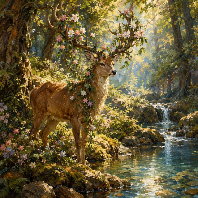 A majestic deer, its antlers intertwined with blooming vines, pauses by a crystal-clear stream in an enchanted glade. Sunlight filters through the canopy, dappling the forest floor. This is an oil painting with a rich, textured surface, capturing the dreamlike atmosphere of the scene. — GPT Image 2.5 Flare