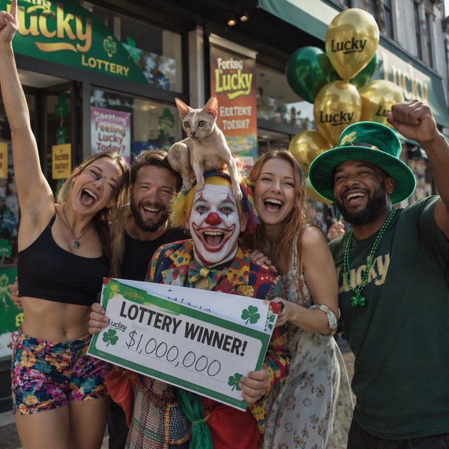 Realistic. Four to five adults having a very lucky day. One of the people is a clown with a very strange cat on their head. Another is wearing a black crop top and multicolored shorts. The word “Lucky” is seen at least twice in the background. — GPT Image 2.5 Sunburst