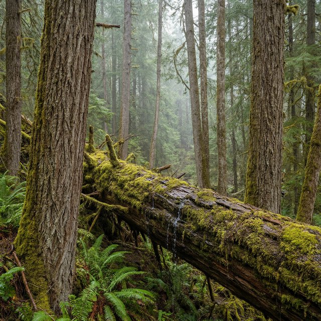 Between cedar trunks, a moss-covered fallen giant bridges a fern-filled ravine in steady dawn drizzle; shredded bark, rain-dark lichen, and tiny rivulets stand crisp nearby while successive trees dissolve into green mist. — Qwen Image 3.0 Pro