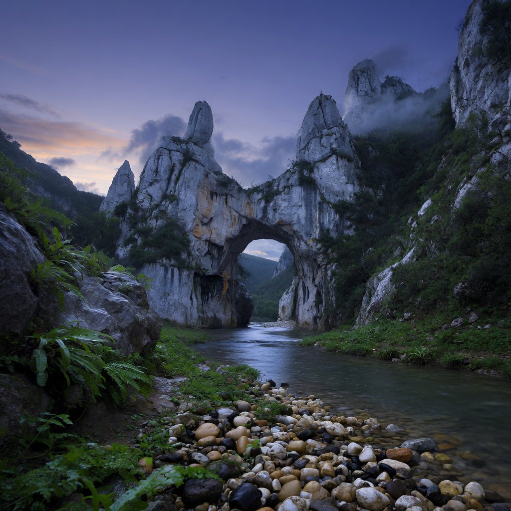 A limestone karst valley at blue hour after a light shower, towering pale cliffs rising above a clear river, low clouds snagging on pinnacles, slick ferns and rounded pebbles leading toward a distant stone arch. — Grok Imagine Image Quality