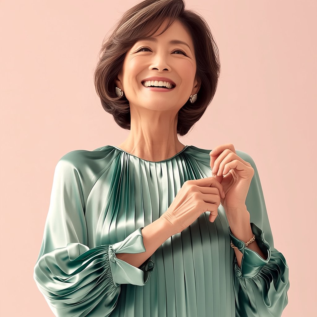 Portrait photograph of an adult woman in her early 60s wearing a softly pleated sea-green silk blouse, hands brushing its gathered sleeve fabric. Her amused, open expression stands against a matte rose backdrop, illuminated by broad, gentle studio light. — Midjourney Niji 7