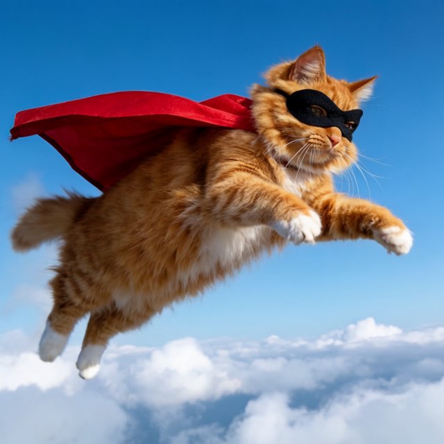 A cat flying in the sky wearing a super kitty costume. — Krea 2 Large