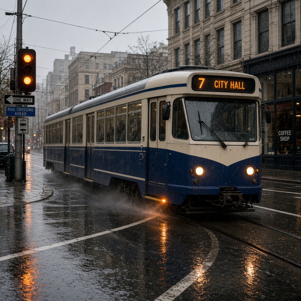 At a rain-darkened intersection, a tram grinds through a curve, its steel wheels shining beneath amber signal glow. A street-level news photo, shot on a 35mm lens with moderate depth of field, catches beads of water on the windows and slight wheel blur. — Grok Imagine Image 2