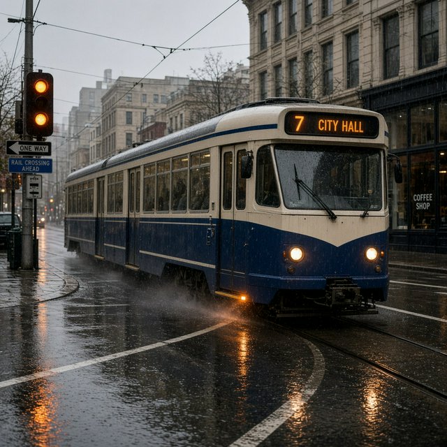 At a rain-darkened intersection, a tram grinds through a curve, its steel wheels shining beneath amber signal glow. A street-level news photo, shot on a 35mm lens with moderate depth of field, catches beads of water on the windows and slight wheel blur. — Grok Imagine Image 2