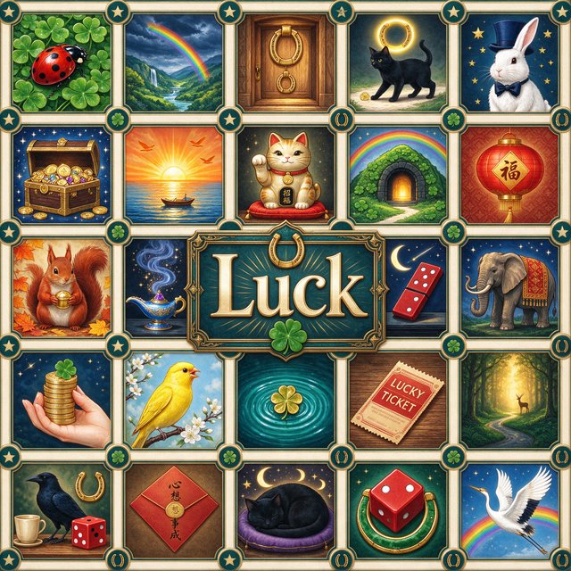 Many panels. Each panel represents an item, thing, creature, or scene that represents Luck. The word "Luck" appears at least once in the image. Be as creative as possible. — Seedream 5.0 Flash