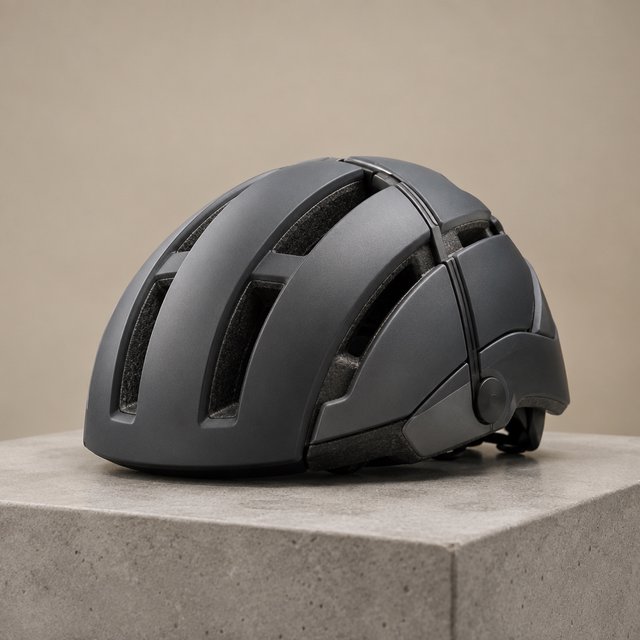 Commercial product photograph of an unbranded folding bicycle helmet made from matte charcoal polymer with soft gray padding, resting on a honed concrete plinth against a muted sand background, illuminated by a broad overhead softbox and gentle rim light. — GPT Image 2.5 Sunburst