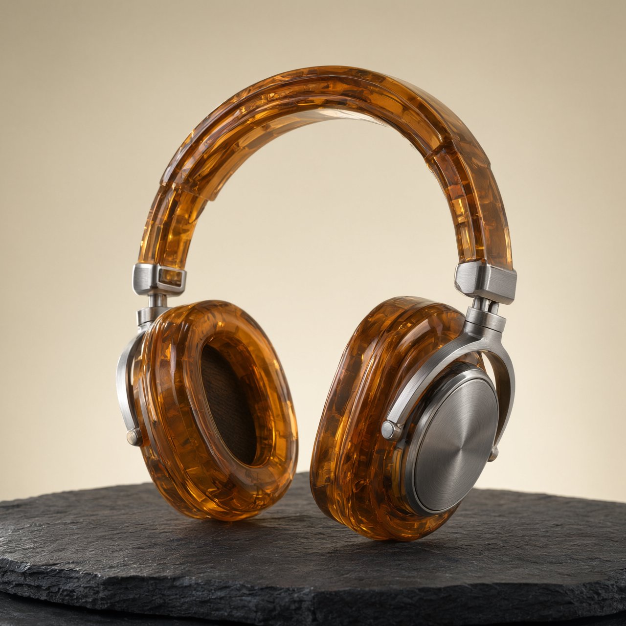 Commercial product photograph of unbranded over-ear headphones crafted from translucent amber resin and brushed titanium, resting on a dark slate surface against a muted cream background, lit by a broad diffused softbox and a delicate rim light. — Qwen Image 3.0 Pro