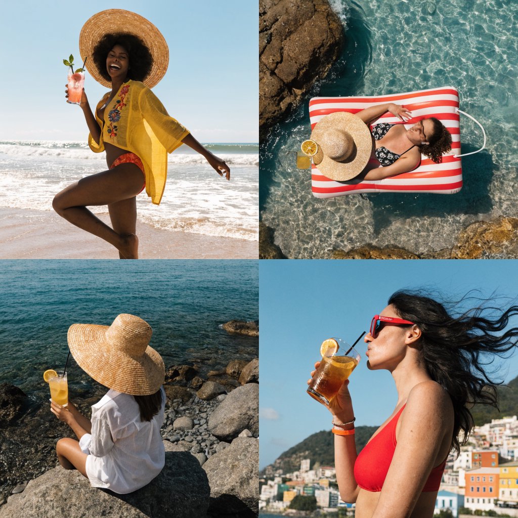 Photorealistic collage of at least four distinct beach scenes showing adult women from around the world having fun, with each scene presented from a different camera angle. — Recraft v4