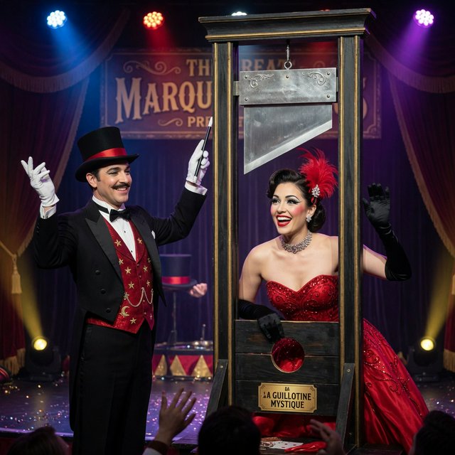 Well dressed stage magician performs the guillotine illusion using a beautiful glamorous adult female assistant. The smiling confident assistant has her head through the hole in the guillotine device. — Grok Imagine Image Quality