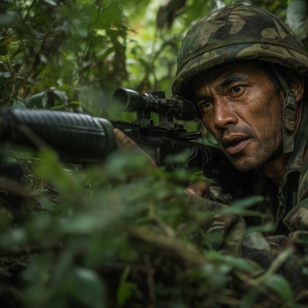 An adult sniper concealed in dense jungle foliage, aiming at a distant target, with a close-up view of his focused face. — Krea 2 Large
