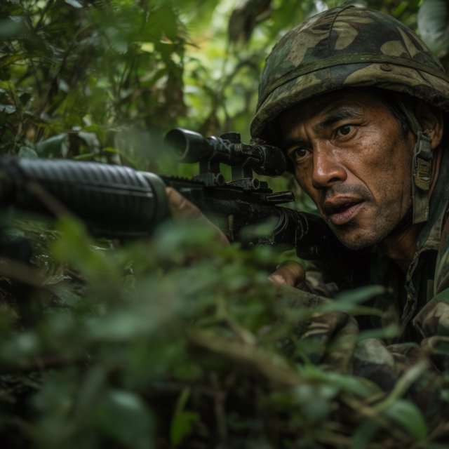 An adult sniper concealed in dense jungle foliage, aiming at a distant target, with a close-up view of his focused face. — Model 9