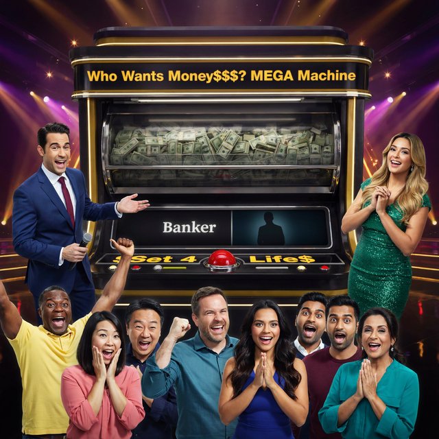 People on the set of a super mega game show called "Who Wants Money$$$?". There are at least six adults (three men and three women), all of different races, looking really excited. There is a big machine with a lot of cash inside. At the top of the machine it says "Who Wants Money$$$? MEGA Machine". In the middle of the machine it says "Banker", with the shadow of a man near the name. At the bottom of the machine it says "$Set 4 Life$", with a red button in the middle of the words. Near the machine are game hosts on both sides of it: a handsome man and a pretty woman. — Ideogram v4.5