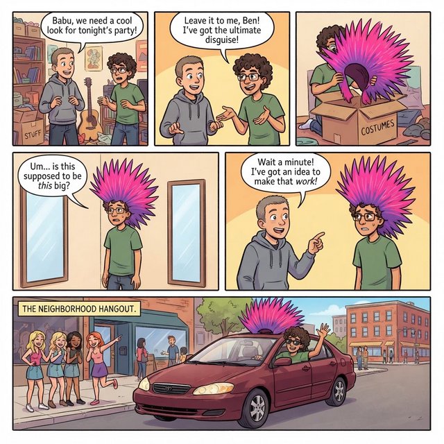 A three-row, six-panel sequence. Panel 1: A short-haired, nerdy man is talking to his friend Babu, another nerd with curly hair and round-frame glasses. They are both 20. Babu's room has a guitar and boxes full of things. Panel 2: Babu is exclaiming to his friend, saying something! Middle row, panel 3: Babu brings a spiky Mohican wig, pink to purple in color, out of one of his boxes. But it is oddly big. Panel 4: Babu stands in front of a wall mirror wearing the spiky wig—it is oddly very big! He looks concerned. Bottom row, panel 5: Babu's nerdy friend exclaims something to him, as if he has had an idea. Bottom row, panel 6: Babu is in a right-hand-drive sedan with a sunroof. Half of the spiky hair on his wig sticks out through the sunroof. The car is parked in front of a neighborhood hangout. Babu is looking out of the window, with one hand out of it. He wears sunglasses, trying to look cool. Several pretty adult women his age are giggling at him. — Nano Banana 2 Lite