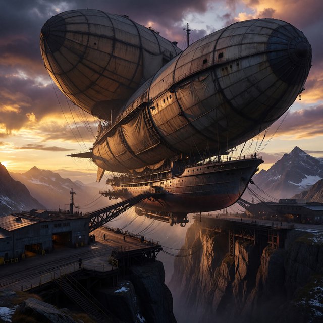 Concept art of a weathered cargo airship docking at a mountaintop station, crew tiny for scale, late afternoon light. — ImagineArt 1.5 Pro