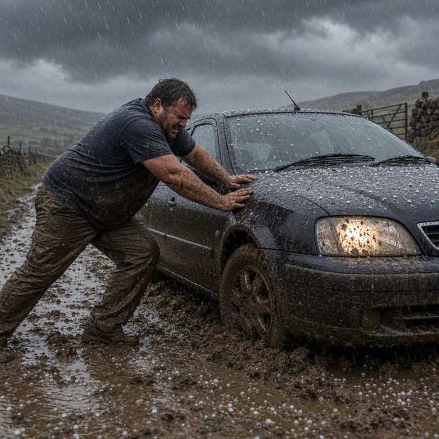 A man is pushing his car, which is stuck in the mud, amid heavy rain in the countryside. The sky is gloomy, and some hail is also falling on the car and the ground. The big man has mud all over his trousers. Show him struggling. — GPT Image 2