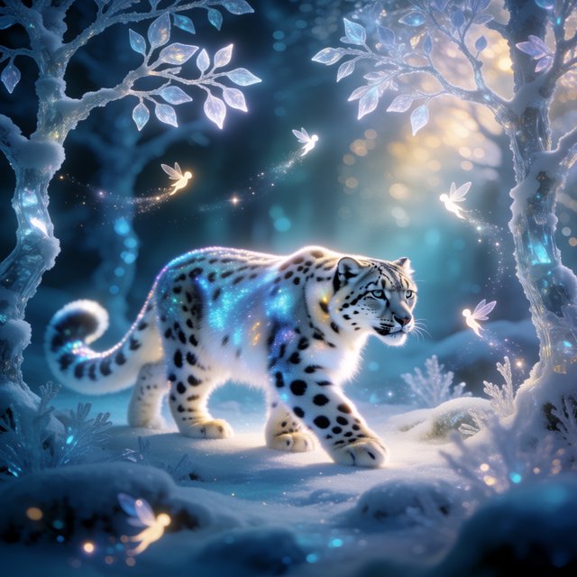 A majestic snow leopard, its fur shimmering with an internal bioluminescent glow, stalks through a frozen, enchanted forest. Crystalline trees with glowing, frost-covered leaves create a magical winter wonderland. Tiny, winged sprites flit between the branches, leaving trails of stardust. The image should capture the essence of a fairytale winter scene with a touch of photorealism, emphasizing the mystical light and the creature's ethereal presence. — Model 12