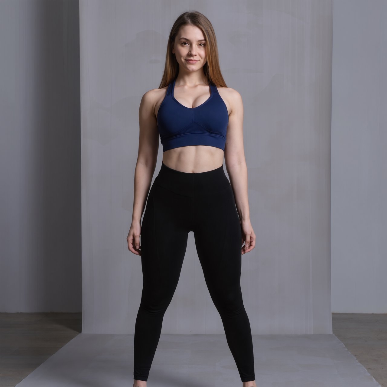 A pretty, slim woman with wide hips, wearing gym wear. Full-body image. Plain background. — Kling v3 Omni