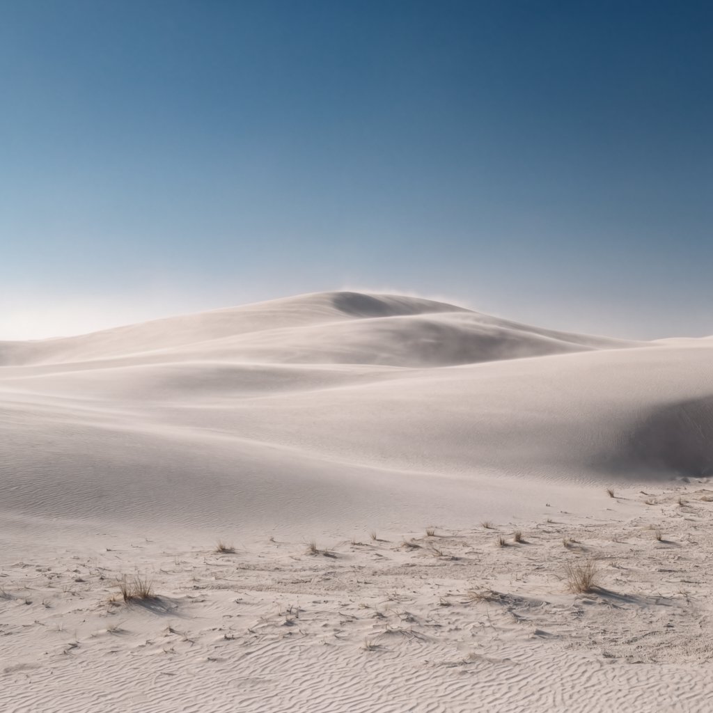 A pale gypsum dune field beneath a wind-brushed, cloudless midday sky, fine sand streaming over steep ridges; delicate ripple patterns and scattered salt-tolerant grasses sharpen the foreground as dunes soften toward a distant basin. — Krea 2 Large