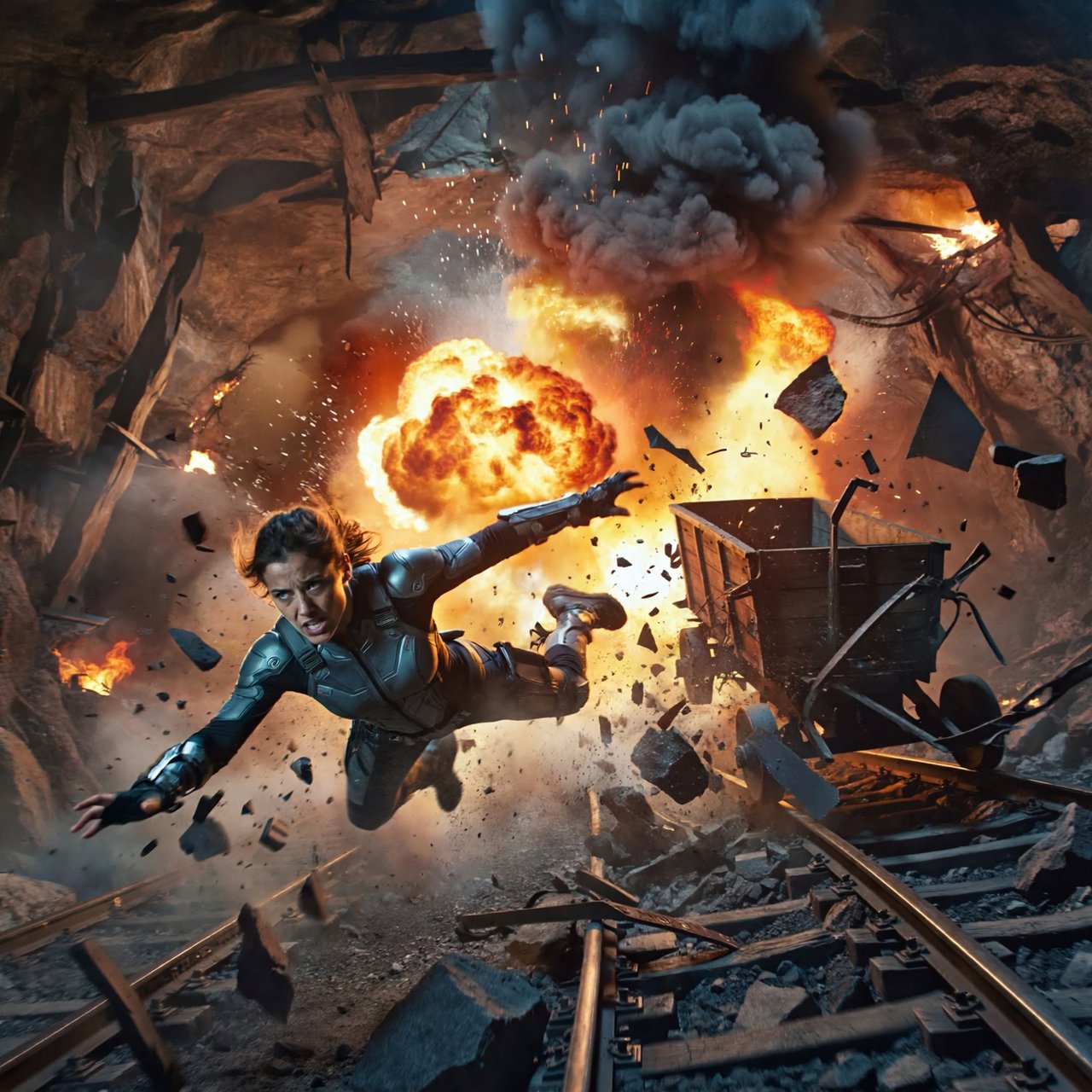 Collapsing mine, woman in a futuristic outfit, in a runaway mine cart. The cart is moving towards the foreground. Behind her cart, there was a huge explosion in the mine. The impact of the explosion is so great that it has knocked the cart off the tracks and sent the rider flying. Angle the empty cart, which is in the process of shattering, close to the woman. Focus the image on the female rider who has flown off the cart. Ensure her features are photorealistic. Make the scene photorealistic, explosive, and exciting as if it is from an action-packed movie. — ImagineArt 2
