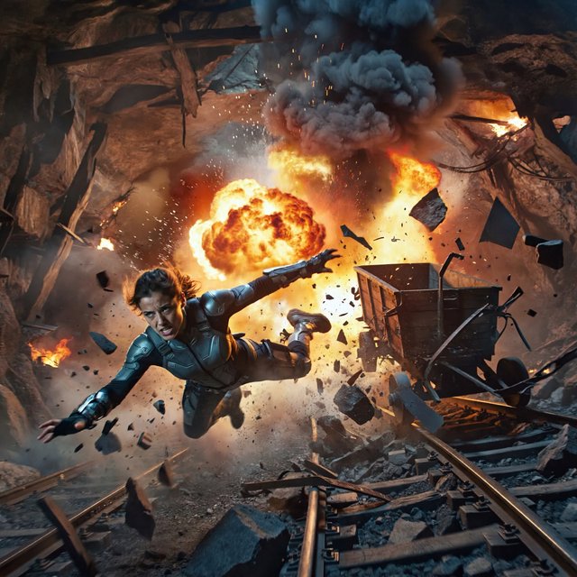 Collapsing mine, woman in a futuristic outfit, in a runaway mine cart. The cart is moving towards the foreground. Behind her cart, there was a huge explosion in the mine. The impact of the explosion is so great that it has knocked the cart off the tracks and sent the rider flying. Angle the empty cart, which is in the process of shattering, close to the woman. Focus the image on the female rider who has flown off the cart. Ensure her features are photorealistic. Make the scene photorealistic, explosive, and exciting as if it is from an action-packed movie. — ImagineArt 2