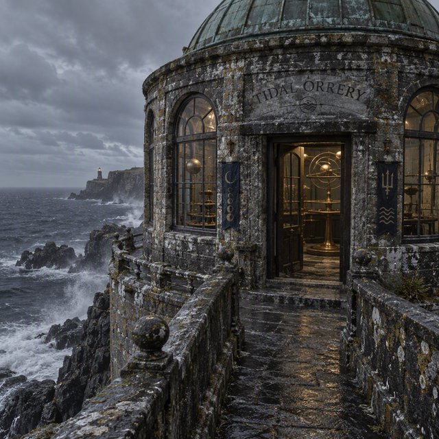 A weathered coastal observatory overlooks dark water, its brass instruments visible through arched windows; "TIDAL ORRERY" is carved into a slate lintel above the entrance, salt spray softening the deep engraved grooves. — GPT Image 2.5 Sunburst