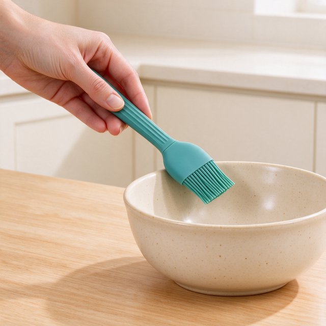 Across a honed maple counter, an adult hand guides an unbranded silicone pastry brush over a ceramic bowl; its ribbed teal handle catches diffused key light and warm bounce against a cream kitchen background, face cropped out, no lettering, commercial product image. — Seedream 5.0 Flash