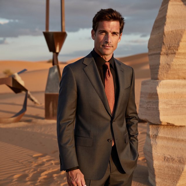 Editorial glamour photograph of an adult man in a charcoal evening suit with a muted copper tie, standing at ease beside a desert art installation, flattering sunset light warming the sculptural landscape, composed expression and refined magazine atmosphere. — ImagineArt 2