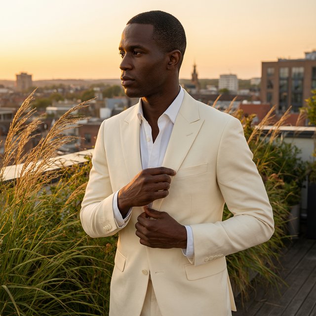 Under the copper glow of a rooftop terrace, an adult Black man in a tailored cream dinner suit is caught smoothing his lapel as evening breeze stirs nearby grasses; calm poise, sculpted shadows and refined fashion-magazine polish. — Qwen Image 3.0 Pro