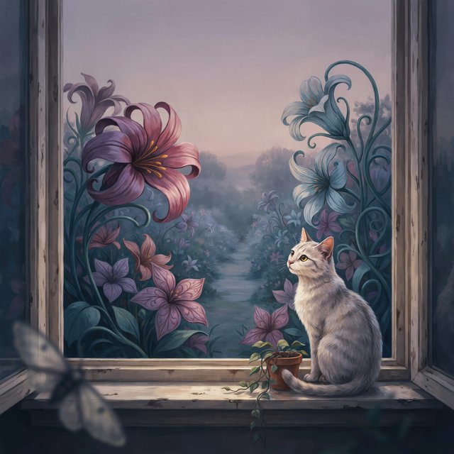A whimsical cat with fur like spun moonlight sits on a windowsill overlooking a dreamlike garden. The garden is filled with oversized, fantastical flowers rendered in a soft, painterly style, with elements of Art Nouveau curves in the plant designs. The overall mood is serene and enchanting. — Model 7