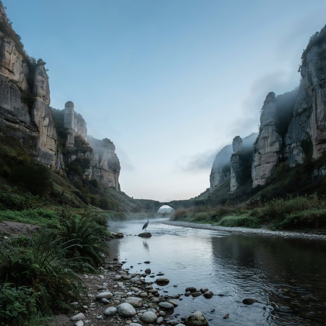 A limestone karst valley at blue hour after a light shower, towering pale cliffs rising above a clear river, low clouds snagging on pinnacles, slick ferns and rounded pebbles leading toward a distant stone arch. — Ideogram v4