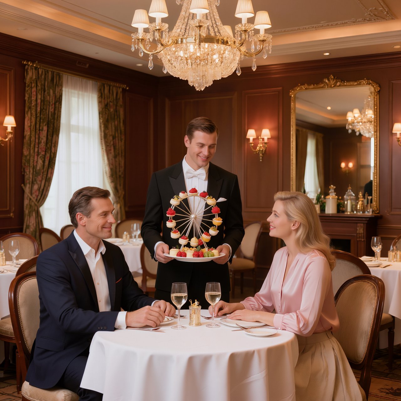 A very posh, well-lit 1990s restaurant with beautiful, tasteful decor. A husband and wife dine in a high-class restaurant. The waiter serves something very surprising as the main course! — Kling v3