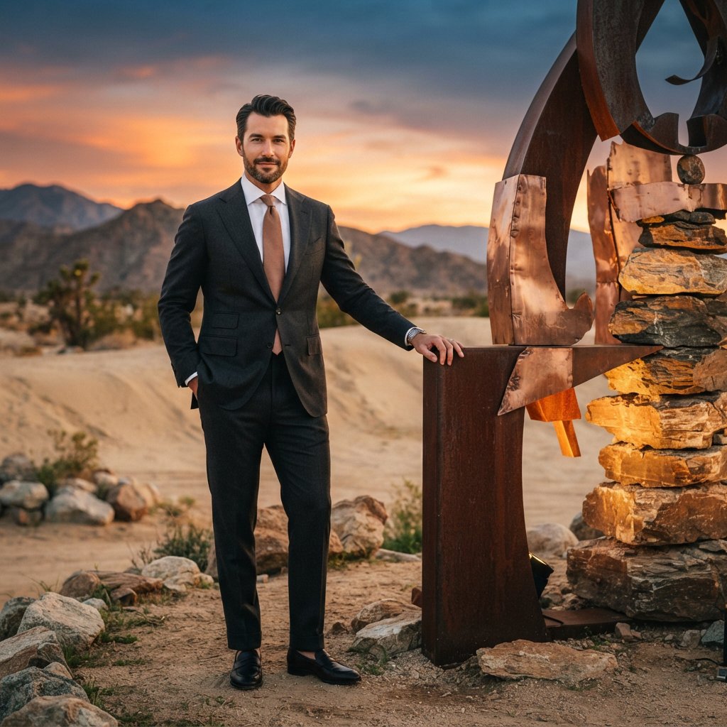 Editorial glamour photograph of an adult man in a charcoal evening suit with a muted copper tie, standing at ease beside a desert art installation, flattering sunset light warming the sculptural landscape, composed expression and refined magazine atmosphere. — Nano Banana 2 Lite