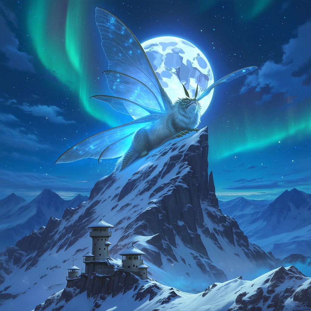 A colossal moon-moth leviathan rests atop a snowbound mountain ridge, its translucent wings veined with blue fire and its fur silvered by frost. Tiny abandoned watchtowers below emphasize its immense scale beneath an aurora-filled sky. — Midjourney Niji 7