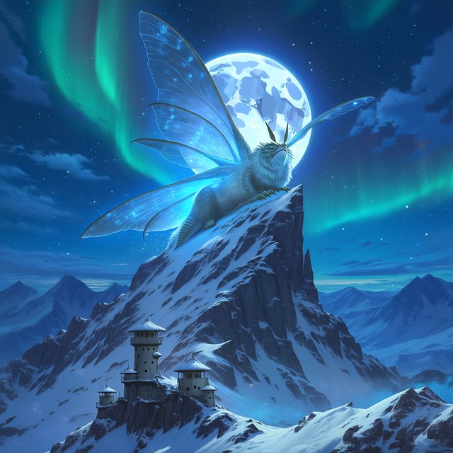 A colossal moon-moth leviathan rests atop a snowbound mountain ridge, its translucent wings veined with blue fire and its fur silvered by frost. Tiny abandoned watchtowers below emphasize its immense scale beneath an aurora-filled sky. — Midjourney Niji 7